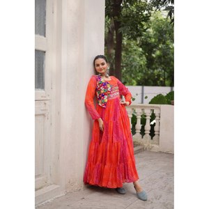 Handmade A-Line Gown for Navratri Beautiful Patch Work Embellished Empire Waistline Chiffon Fabric - Product Image 4