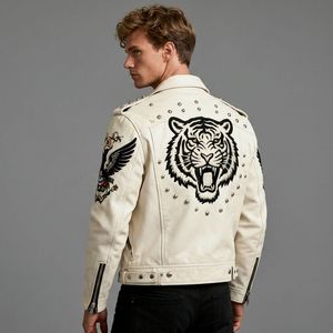 OEM Men's PU Leather Motor <b>Jacket</b> Plain Embroidery <b>Rhinestone</b> Rivets Windproof Anti-Bacterial Features Silk Lining Full - Product Image 1