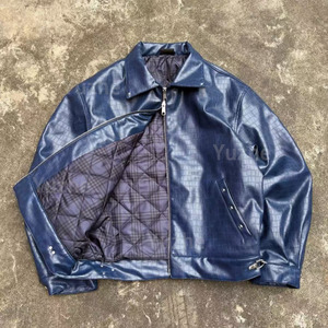 Chaqueta de Motociclista de Cuero para Hombre, Cuello Camisero, Cierre de Cremallera, Patrón de Cocodrilo Repujado, Color Sólido, para Otoño, Corte Regular - Product Image 3