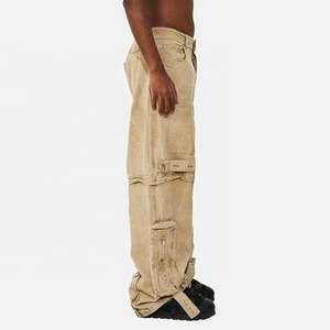 Fabrication OEM de vêtements pour hommes : Nouveau style de pantalon cargo ample multi-poches, effet délavé soleil, vintage, délavé à l'acide, avec fermeture éclair amovible - Product Image 3