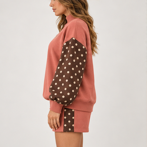 Women's Coral Polka Sleeve Mock Neck 2-Piece <b>Shorts</b> <b>Set</b> Custom Casual Sportswear - Product Image 4