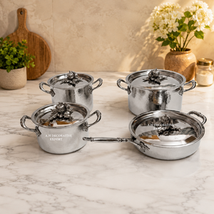 Wholesale Stainless Steel Silver Hammered Casserole <b>Set</b> 4pcs Luxury Kitchen Pan & Pots <b>Set</b> with Pumpkin Knobs <b>Cookware</b> <b>Set</b> - Product Image 1