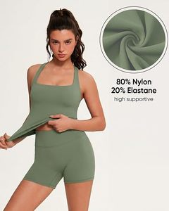 Ensemble de yoga dos nageur à col carré, taille haute, sans couture, vert uni, 2 pièces, short et haut sans manches, respirant, en Spandex/Nylon, tenue d'entraînement - Product Image 5