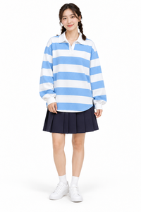 Polo rayé à manches longues pour femme, haut décontracté en coton tricoté vert et blanc - Product Image 3