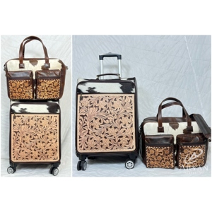 Juego de Maletas de Viaje de 2 Piezas de Cuero Vacuno Estilo Occidental, Maleta con Ruedas de Cuero Repujado a Mano y Bolsos Cruzados a Juego - Product Image 1