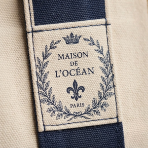 Sac fourre-tout en toile de coton French Crest, écologique, crème et bleu marine rayé, grande capacité, sac à main vintage de luxe pour femmes - Product Image 6