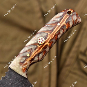Hand Forged High Carbon Steel Drop Point Fixed Blade Multi-Functional Outdoor Knife <b>Pine</b> Cone <b>Resin</b> Handle Leather Sheath OEM - Product Image 4