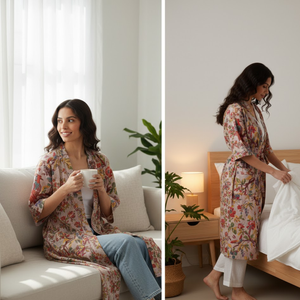 ชุดนอนคิโมโนผ้าฝ้ายทอมือรักษ์โลก คอวี แขนยาว ลายพิมพ์นกป่า สำหรับผู้หญิง ชุดคลุมยาวหรูหรา ยั่งยืนได้ - Product Image 3