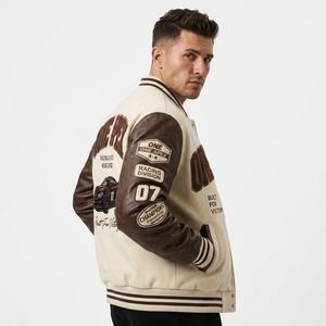 Premium <b>Cream</b> Brown <b>Jacket</b> Custom Letterman <b>Jacket</b> Wool Leather Sleeve Racing Streetwear Bomber - Product Image 2