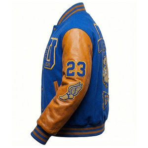 SHY SPORTS Blouson universitaire personnalisé OEM bleu roi avec manches en cuir doré, écusson tigre et multiples patchs, style Letterman, veste bomber - Product Image 3