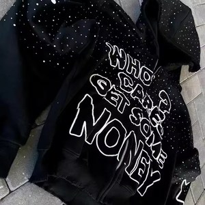 เสื้อฮู้ดผู้ชายประดับเพชร ซิปยาวเต็มตัว ผ้าถักผสมคอตตอนและโพลีเอสเตอร์ อุ่นสบายสำหรับฤดูหนาว สไตล์สตรีทแฟชั่น แขนยาว - Product Image 3