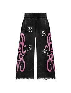 Black Pink Rasp Cropped Zip Hoodie <b>Set</b> | Oversized Distressed Hoodie & Baggy Jeans | Streetwear <b>Matching</b> <b>Set</b> OEM Private Label - Product Image 3
