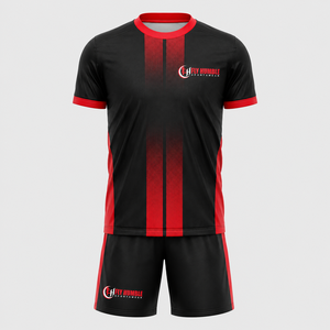 ชุดเสื้อฟุตบอล Fly Humble แบบ unisex สีดำแดงลายทาง พร้อมกางเกงขาสั้น คอกลม ระบายเหงื่อได้ดี ทรงปกติ เหมาะกับทุกฤดูกาล ขายส่ง รับผลิตตามแบบ - Product Image 1