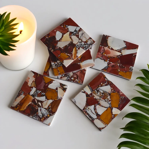 Posavasos de jaspe mookaite natural con forma cuadrada marrón y dorada, posavasos para taza de té de la mejor calidad a precio económico. - Product Image 1