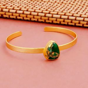 Emerald Mohave Jade Stone Geometric Trendy Oval Open Cuff Bracelet <b>Gold</b> <b>Plated</b> Adjustable Statement Cuff Bezel Setting <b>Bangles</b> - Product Image 4