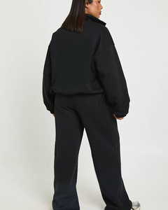 Ensemble de jogging 2 pièces pour femme, col cheminée, pantalon large, veste à fermeture éclair frontale, en molleton de coton noir, avec sublimation 3D personnalisée - Product Image 2