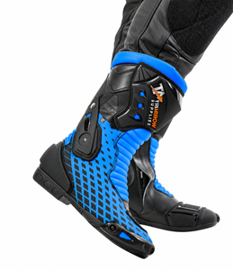 Bottes de moto de course personnalisées en cuir bleu et noir, mi-mollet, à enfiler, imperméables, antidérapantes, avec soutien de la cheville et protection - Product Image 3