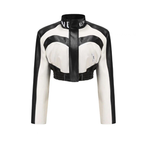 Chaqueta de Cuero Sintético PU Borgoña para Mujer, Estilo Bomber Vintage Chic de Otoño, Nueva Moda, con Logo, Manga Larga, Reversible, Teñido Liso - Product Image 1