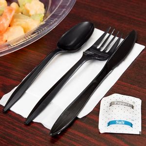 Set di posate in plastica nera di peso medio da 100 pezzi, con tovaglioli e bustine di sale/piomare, kit monouso per feste - Product Image 1