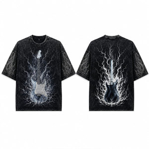 T-shirt pour homme avec strass, imprimé guitare électrique et éclairs, manches courtes, col rond, style streetwear, polyester/coton, haute qualité - Product Image 1