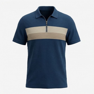 Polo en tricot à manches courtes pour homme avec fermeture éclair, design bicolore, séchage rapide, style décontracté, rayures bleu beige - Product Image 1