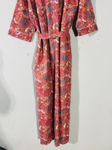 <b>Red</b> Floral Print Cotton Kimono Robe Women Handmade Lightweight Bathrobe with <b>Belt</b> - Product Image 3