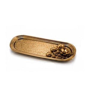 Gold Rectangular Serving <b>Tray</b> with Floral Design Polished Metal Finish Decorative for Residential Use - Product Image 1