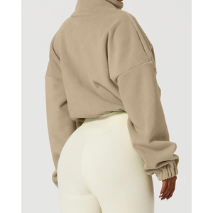 Sudadera corta de forro polar beige para mujer con cremallera, cuello alto, hombros caídos, manga larga, estilo oversize, ropa de otoño para mujer, ODM - Product Image 5
