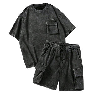 ชุดเซ็ตเสื้อยืดและกางเกงขาสั้นคาร์โก้ผู้ชาย ปี 2026 ผ้าถักคอตตอน 100% ล้างสีแบบแอซิด สไตล์ลำลองวินเทจสำหรับฤดูร้อน ขายดี - Product Image 1