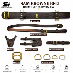 เข็มขัดหนังแท้แบบ Sam Browne พร้อมที่เกี่ยวดาบหนังแท้ หัวเข็มขัดโลหะผสมทองนิกเกิล แข็งแรง ทนทาน ผลิตในอินเดีย - Product Image 2