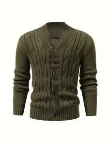 Men's Solid Rib Knit Button-Up Cardigan Sweater V-Neck Cable Knit Slim Fit Warm Fall Winter Casual Knitted Jacket Men's Knitwear - Product Image 3