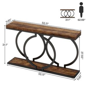 Table console en bois d'acacia naturel de luxe avec cadre circulaire en métal noir et étagère inférieure pour la décoration de la maison - Product Image 6