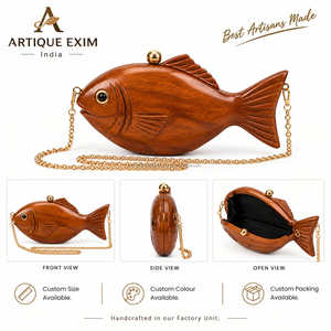 Pochette en bois artisanale en forme de croissant de lune avec chaîne dorée, sac de soirée à prix avantageux - Product Image 2