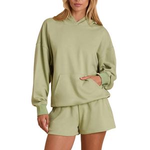 Conjunto de Sudadera con Capucha y Pantalones Deportivos Personalizados para Mujer, Estilo Holgado con Hombros Caídos, Diseño Sólido, Conjunto de 2 Piezas - Product Image 3