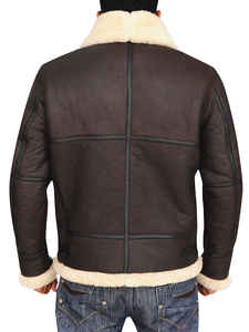 Men Brown Genuine Leather <b>Sherpa</b> <b>Lined</b> Bomber Jacket Zip Up Winter Outerwear Casual - Product Image 3