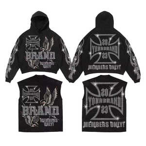 Pantalones de chándal acampanados con capucha para hombre, estilo urbano, de invierno, extragrandes, personalizados con pedrería brillante, 100% algodón, conjunto de chándal frontal. - Product Image 3