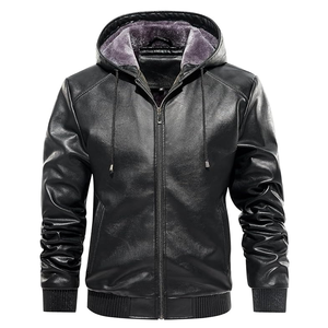 Chaqueta de cuero sintético para hombre, chaqueta de motociclista tipo bomber con forro polar y capucha - Product Image 1