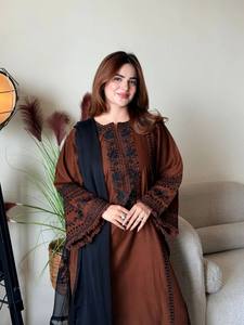 Brown Embroidered Woven Casual Floor-Length <b>Loose</b> Fit Long Sleeve <b>Dress</b> with Sheer Overlay Mandarin Collar Women Apparel - Product Image 4