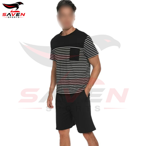 Breathable Athleisure Summer Short <b>Set</b>, <b>2</b> <b>Pieces</b> <b>Men</b>’s Striped Style Make Own Out Door Wear Comfortable Short Shirt <b>Sets</b> - Product Image 2