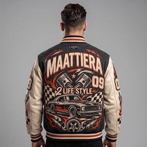 <b>Men</b> Black Letterman <b>Jacket</b> <b>Cream</b> Leather Sleeves Racing Car Graphic Embroidered Design Snap Front Ribbed Streetwear - Product Image 1