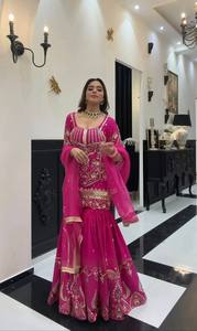 Ensemble Salwar Kameez brodé long en tissu floral rose pour femmes, tenue ethnique traditionnelle en 3 pièces pour mariage et fête - Product Image 4