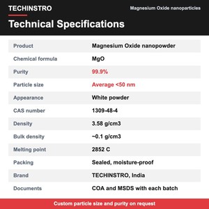 ผงนาโนแมกนีเซียมออกไซด์ TECHINSTRO MgO ความบริสุทธิ์ 99.9% ขนาด <50 นาโนเมตร สำหรับสารเร่งปฏิกิริยา สารหน่วงไฟ และการวิจัย - Product Image 2