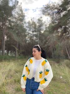 Women's <b>White</b> Hand <b>Knitted</b> Pineapple Applique <b>Cardigan</b> Lantern Sleeve O Neck Casual Sweater All Seasons - Product Image 3