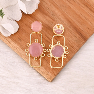 Elegant Pink <b>Cat's</b> Eye Gemstone <b>Earrings</b> Gold Plated Brass Fashion Jewelry for Women - Product Image 5