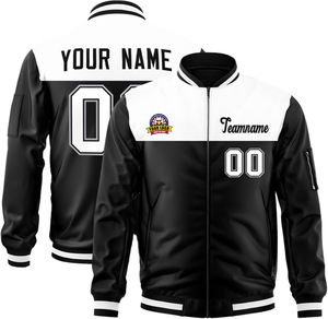 Veste de baseball homme noire et blanche avec blocs de couleur, fermeture éclair et impression personnalisée du nom et du numéro au dos, style décontracté - Product Image 3