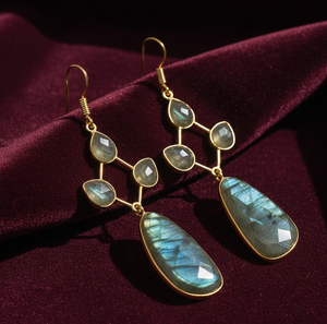 ต่างหูลาบราดอไรต์ธรรมชาติ |   รูปทรงลูกแพร์ แบบแฟนซีคัท |   เงินแท้ 925 ชุบทอง 18K |   ต่างหูแบบติดหูขนาด 6 นิ้ว น้ำหนัก 22 กรัม - Product Image 4