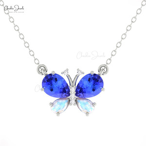 Handcrafted 14k <b>Solid</b> <b>Gold</b> Genuine 1.7 CTW Tanzanite & Moonstone Insect Necklace with Pave Diamond Butterfly Necklace Jewelry - Product Image 3