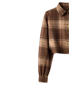 Chemisier court marron à carreaux personnalisé pour femme, col rabattu, manches longues, boutonné, style décontracté, fabricant et fournisseur OEM - Product Image 3