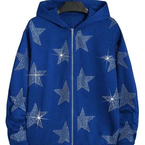 Sudadera con Capucha Azul para Hombre, 100% Algodón Ecológico, Tejido con Estampado de Estrellas de Diamantes de Imitación, Corte Holgado, Estilo Casual para Otoño - Product Image 1