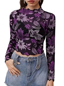 Women's Long Sleeve Going Out Tops Lace Sheer Floral Mesh Spring <b>Y2K</b> Clothes Mesh Floral Fitted <b>Shirts</b> - Product Image 3